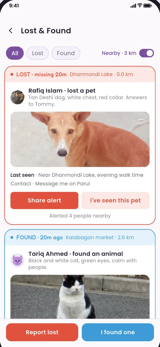 Lost and found alerts nearby